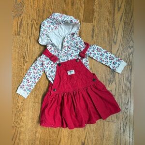 OshKosh B'gosh Red Corduroy Pinafore Dress with Floral Hoodie
